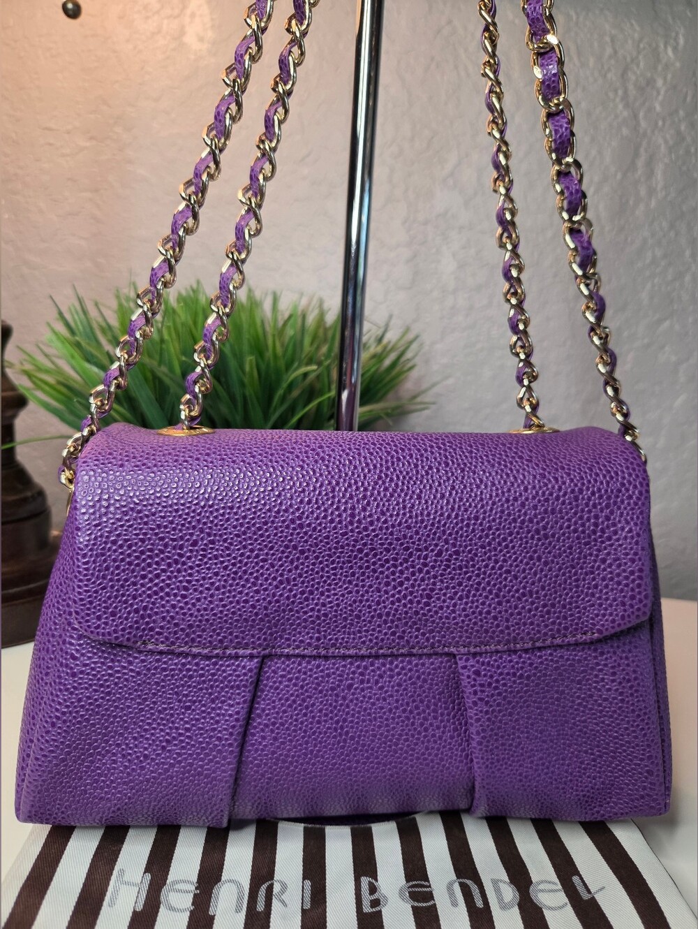 Henri Bendel Milliner Purple Pebbled Leather Chain Crossbody Shoulder Bag - Picture 8 of 16